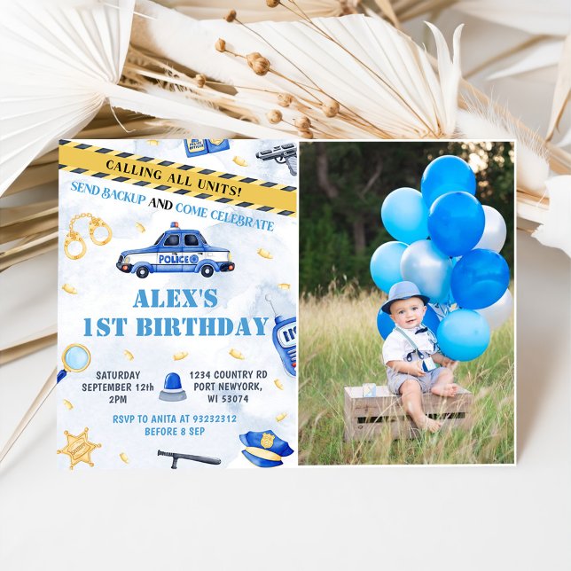 Police Boy 1st Birthday Party Photo Invitation (Creator Uploaded)