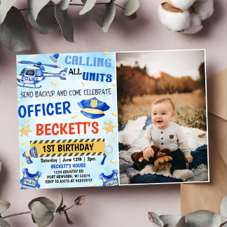 Police Boy 1st Birthday Party Photo Invitation