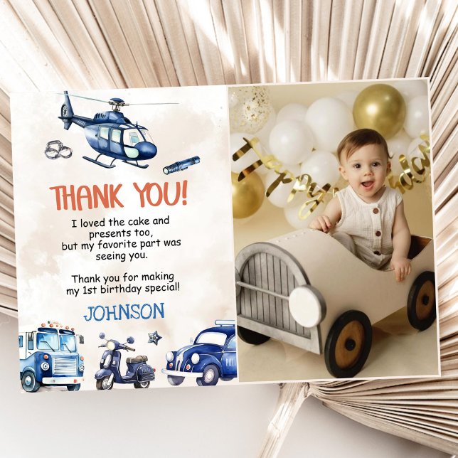 Police Boy 1st Birthday Party Photo Thank You Card (Creator Uploaded)