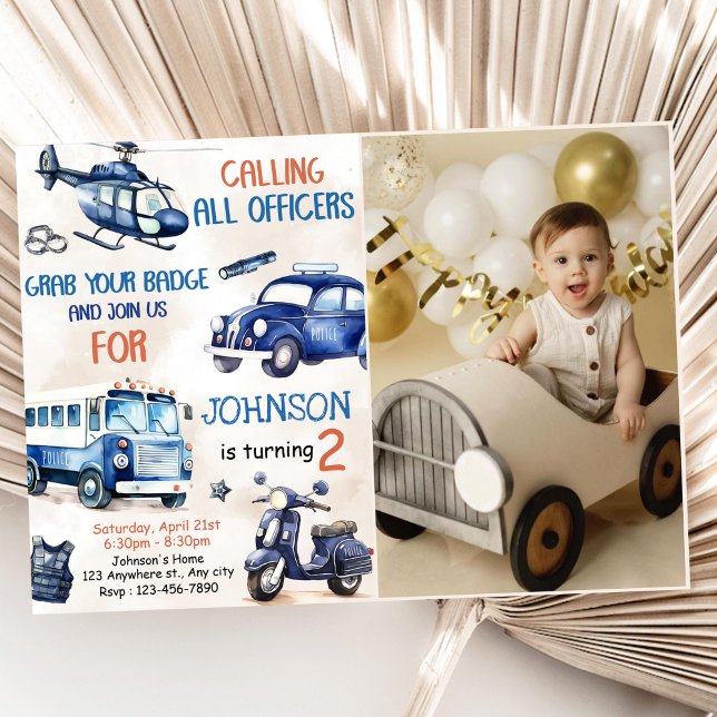 Police Boy 2nd Birthday Party Photo Invitation (Creator Uploaded)