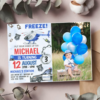 Police Boy 3rd Birthday Party Photo Invitation