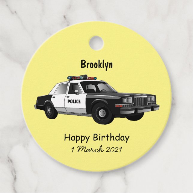 Police car cartoon illustration favour tags (Front)