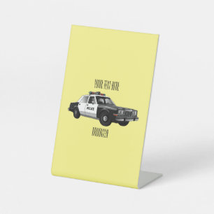 Police car cartoon illustration pedestal sign