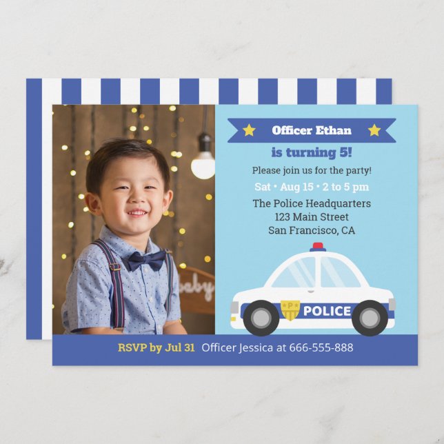Police Car Police Themed Boys Birthday Party Photo Invitation (Front/Back)