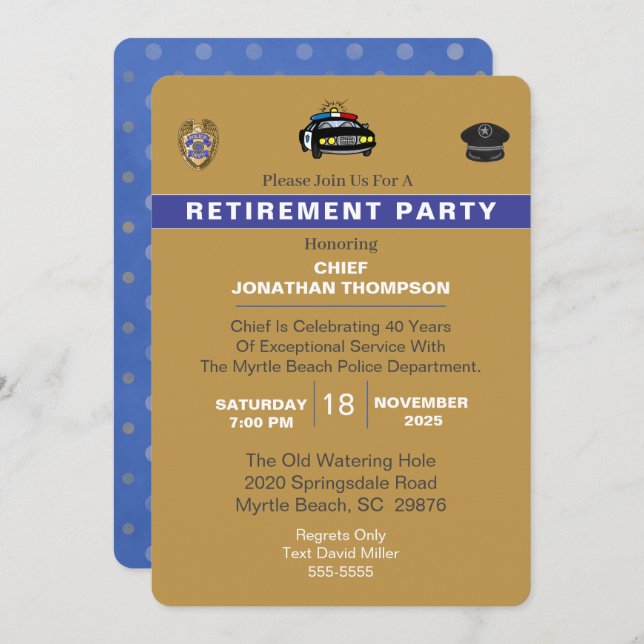 Police Chief Blue Line Gold Retirement Invitation (Front/Back)