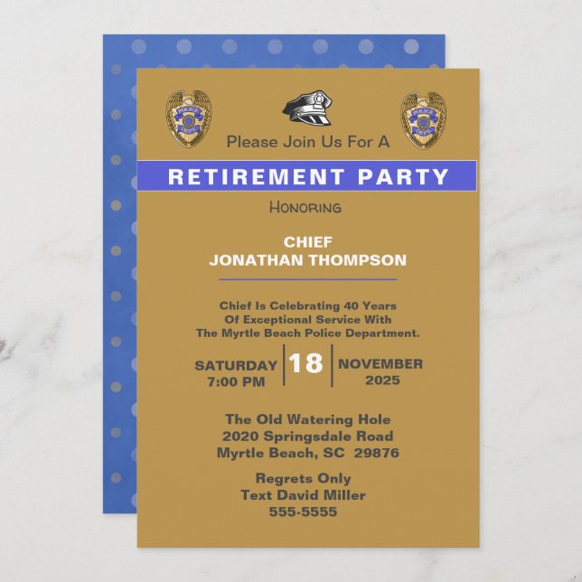Police Chief Blue Line Gold Retirement Invitation (Front/Back)