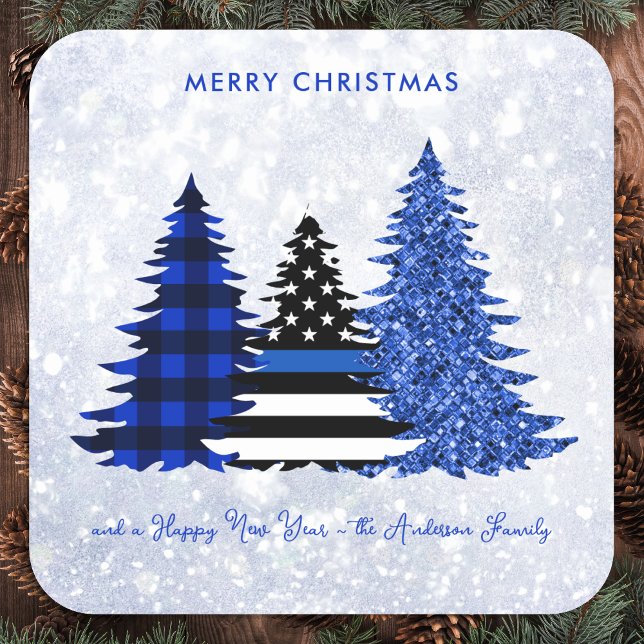 Police Christmas Blue Plaid Glitter Tree Festive Square Sticker (Creator Uploaded)