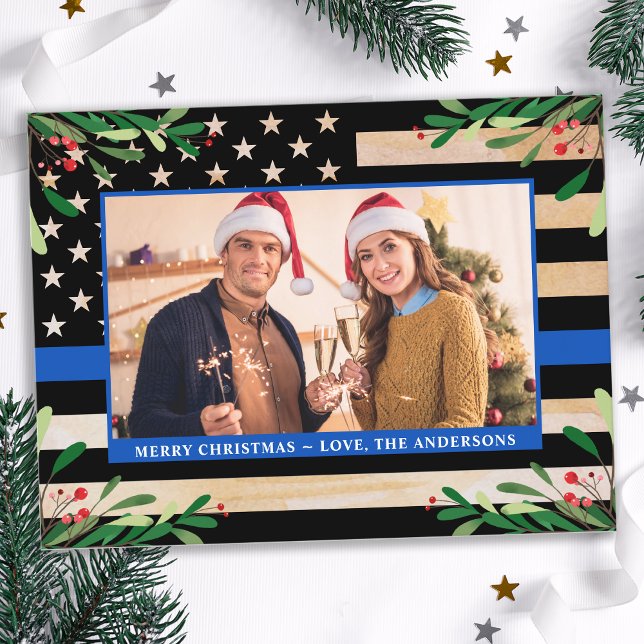  Police Christmas Custom Photo Blue American Flag Holiday Postcard (Creator Uploaded)