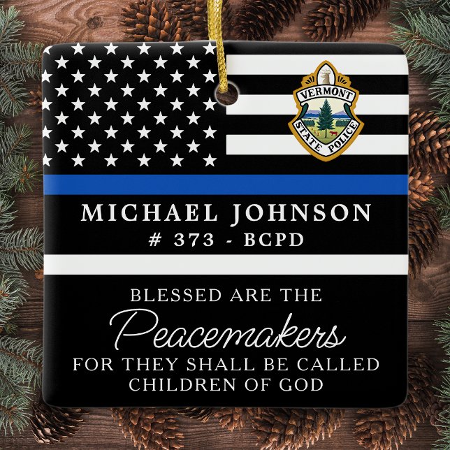 Police Christmas Personalised Logo Thin Blue Line Ceramic Ornament (Creator Uploaded)
