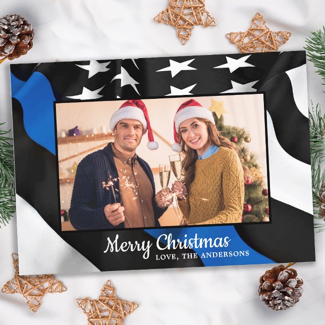 Police Christmas Thin Blue Line American Flag  Holiday Card (Creator Uploaded)
