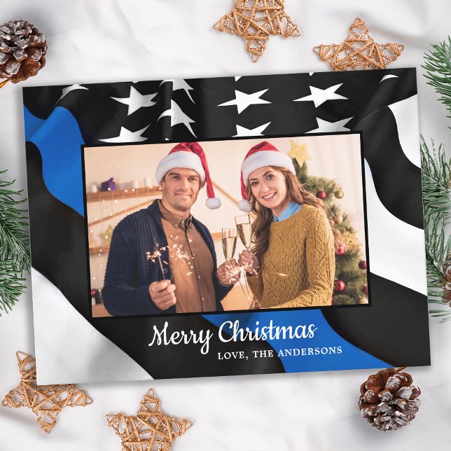 Police Christmas Thin Blue Line American Flag Holiday Postcard (Creator Uploaded)
