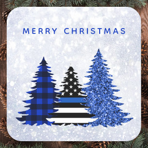 Police Christmas Thin Blue Line Glitter Plaid Tree Square Sticker