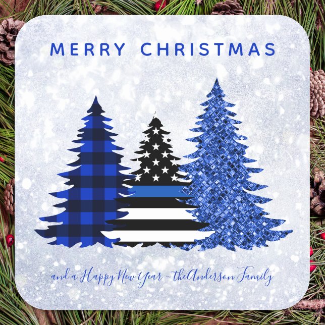 Police Christmas Thin Blue Line Plaid Glitter Tree Square Sticker (Creator Uploaded)