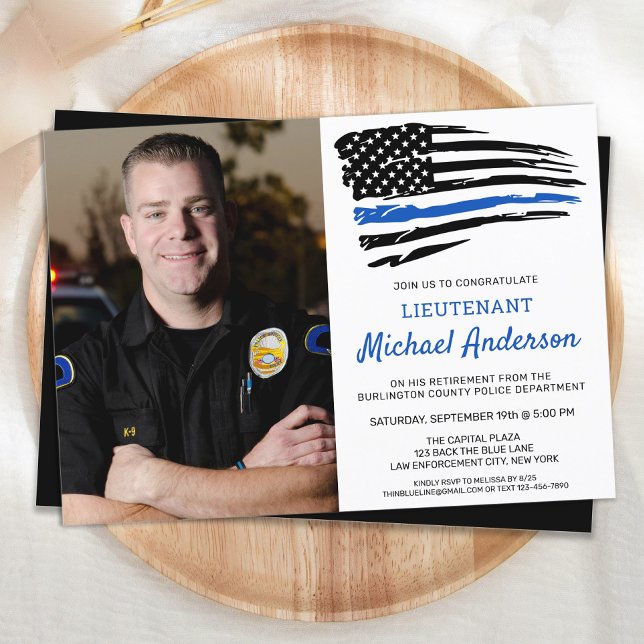 Police Custom Photo Thin Blue Line Flag Retirement Invitation (Creator Uploaded)
