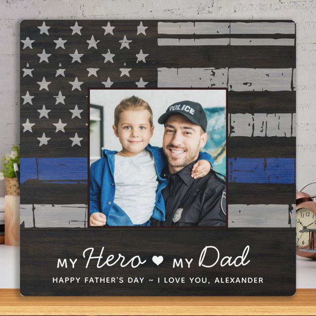 Police Dad Thin Blue Line Custom Photo Fathers Day Plaque (Creator Uploaded)