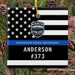 Police Department Blue Custom Logo Law Enforcement Ceramic Ornament<br><div class="desc">Thin Blue Line Police Department Christmas Ornament - American flag in Police Flag colours, modern black and blue design . Customise with your department logo, and personalise with police officers name and badge number. This personalised law enforcement ornament is perfect for police departments and law enforcement officers, stocking stuffers and...</div>