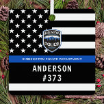 Police Department Blue Custom Logo Law Enforcement Metal Tree Decoration<br><div class="desc">Thin Blue Line Police Department Christmas Ornament - American flag in Police Flag colours, modern black and blue design . Customise with your department logo, and personalise with police officers name and badge number. This personalised law enforcement ornament is perfect for police departments and law enforcement officers, stocking stuffers and...</div>