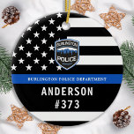 Police Department Custom Logo Blue Law Enforcement Ceramic Tree Decoration<br><div class="desc">Thin Blue Line Police Department Christmas Ornament - American flag in Police Flag colours, modern black and blue design . Customise with your department logo, and personalise with police officers name and badge number. This personalised law enforcement ornament is perfect for police departments and law enforcement officers, stocking stuffers and...</div>