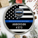 Police Department Custom Logo Blue Law Enforcement Metal Tree Decoration<br><div class="desc">Thin Blue Line Police Department Christmas Ornament - American flag in Police Flag colours, modern black and blue design . Customise with your department logo, and personalise with police officers name and badge number. This personalised law enforcement ornament is perfect for police departments and law enforcement officers, stocking stuffers and...</div>