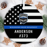 Police Department Custom Logo Blue Law Enforcement Metal Tree Decoration<br><div class="desc">Thin Blue Line Police Department Christmas Ornament - American flag in Police Flag colours, modern black and blue design . Customise with your department logo, and personalise with police officers name and badge number. This personalised law enforcement ornament is perfect for police departments and law enforcement officers, stocking stuffers and...</div>