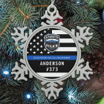 Police Department Custom Logo Blue Law Enforcement Snowflake Pewter Christmas Ornament<br><div class="desc">Thin Blue Line Police Department Christmas Ornament - American flag in Police Flag colours, modern black and blue design . Customise with your department logo, and personalise with police officers name and badge number. This personalised law enforcement ornament is perfect for police departments and law enforcement officers, stocking stuffers and...</div>