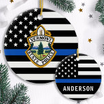 Police Department Custom Logo Name Law Enforcement Ceramic Tree Decoration<br><div class="desc">Thin Blue Line Police Department Christmas Ornament - American flag in Police Flag colours, modern black and blue design . Customise with your department logo, and personalise with police officers name. This personalised law enforcement ornament is perfect for police departments and law enforcement officers, stocking stuffers and christmas gifts to...</div>