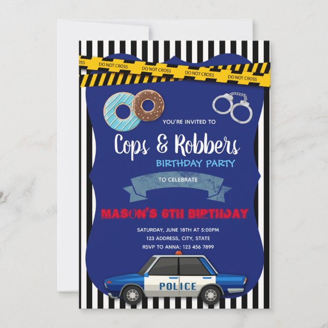 Police doughnuts party birthday invitation (Front)