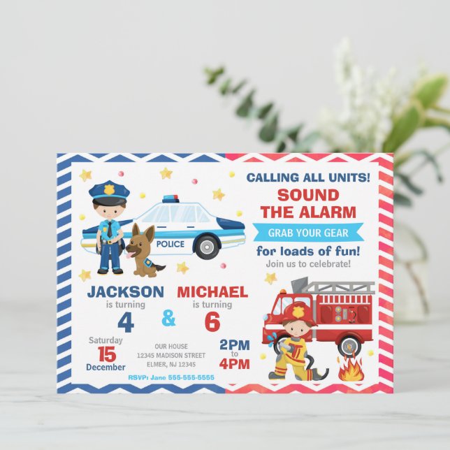 Police & Firefighter Joint Birthday Invitation (Standing Front)