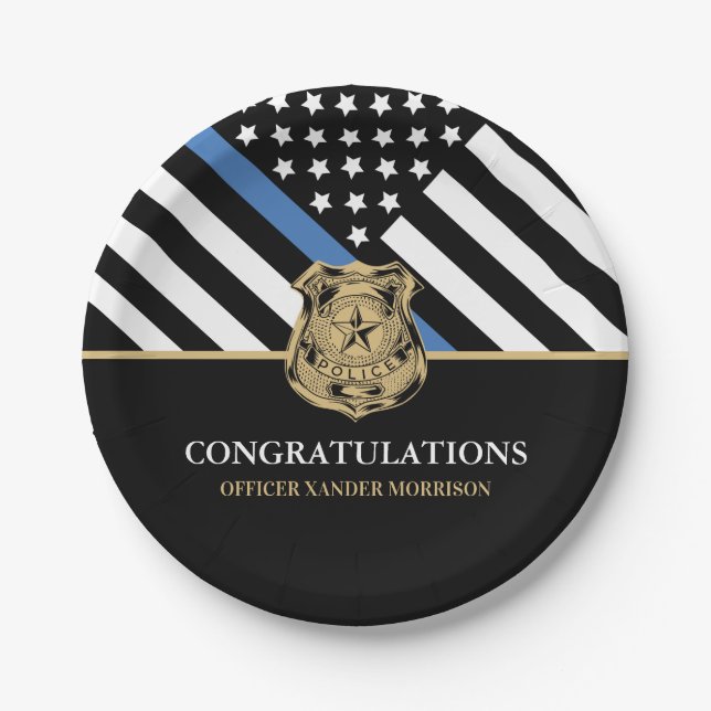 Police Graduation Blue Line Flag Congratulations Paper Plate (Front)