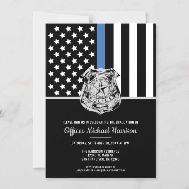 Police Graduation Blue Line Flag Law Enforcement Magnetic Invitation (Front)