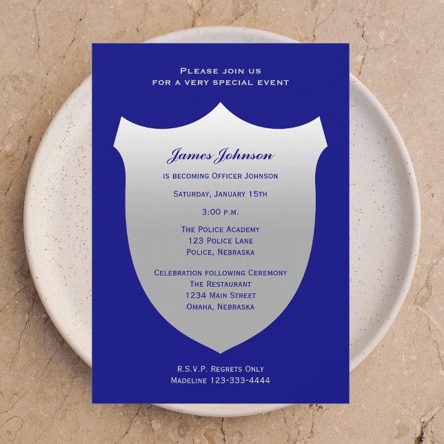 Police Graduation Invitations Silver Badge on Navy (Creator Uploaded)