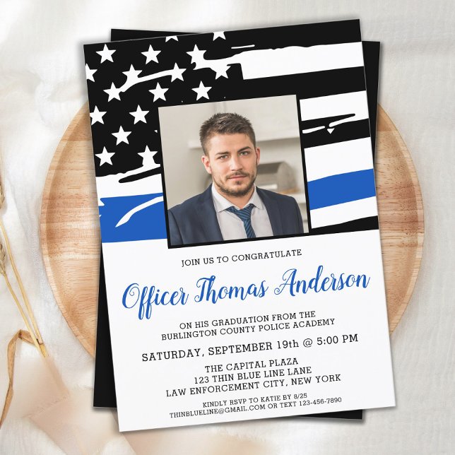 Police Graduation Officer Photo Thin Blue Line  Invitation (Creator Uploaded)