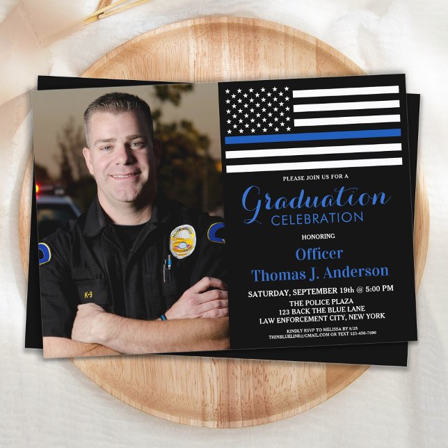 Police Graduation Officer Photo Thin Blue Line Invitation (Creator Uploaded)