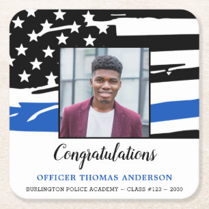 Police Graduation Party Photo Thin Blue Line Square Paper Coaster