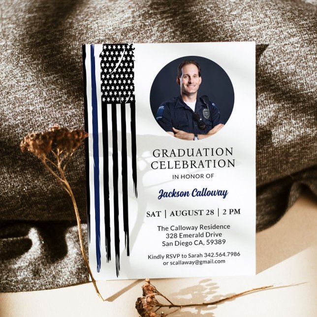 Police Graduation, Watercolor Thin Blue Line Flag Invitation (Creator Uploaded)