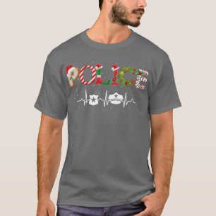 Police Hat Heartbeat Xmas Santa Claus Snow Christm T-Shirt