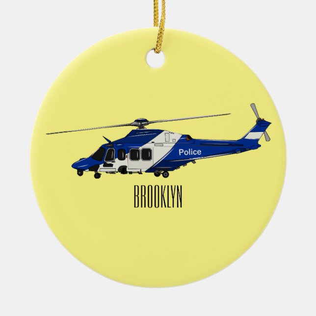 Police helicopter cartoon illustration  ceramic tree decoration (Front)