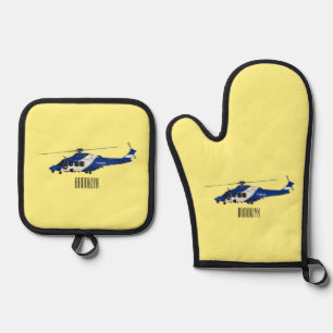 Police helicopter cartoon illustration oven mitt & pot holder set