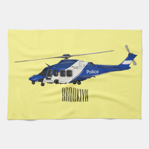 Police helicopter cartoon illustration tea towel