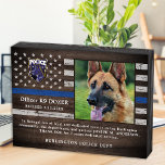 Police K9 Dog Law Enforcement Officer Retirement  Wooden Box Sign<br><div class="desc">Honour your best partner and police dog for his dedicated years of service with this Thin Blue Line Police Dog Retirement Appreciation Photo award plaque. Personalise with your police K9 officer's photo, name, personal message, service dates and service years. Also personalise with badge, department logo or seal. Perfect for police...</div>
