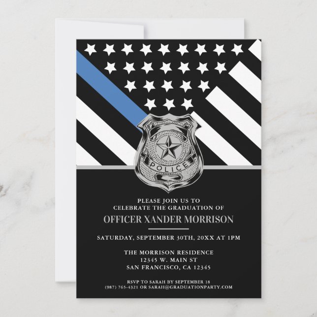 Police Law Enforcement Graduation Blue Line Flag Invitation (Front)