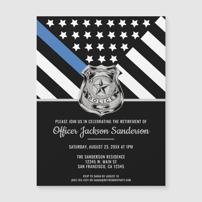 Police Law Enforcement Retirement Blue Line Flag Magnetic Invitation (Front)