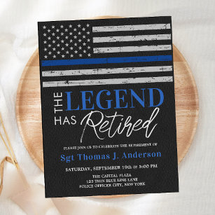 Police Legend Retirement Thin Blue Line Flag Party Invitation Postcard