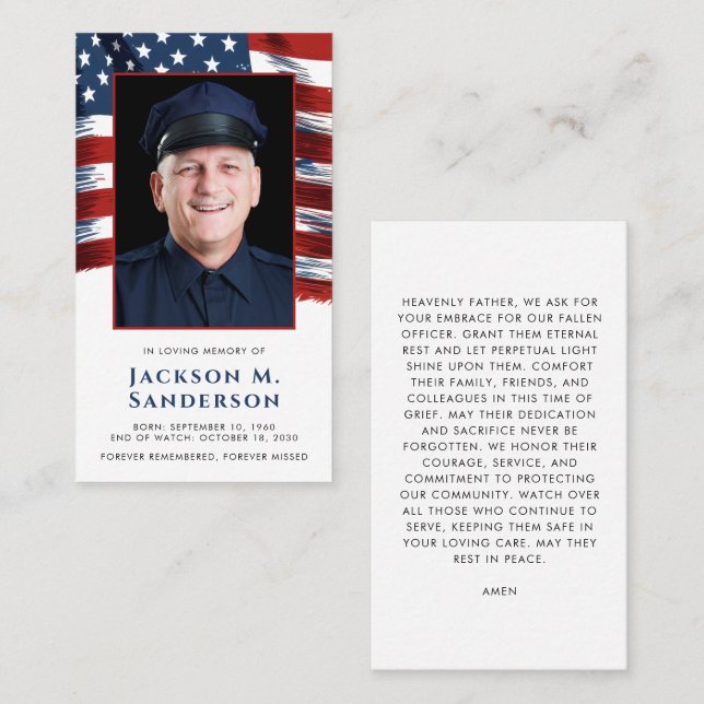 Police Memorial Patriotic Photo Prayer Card (Front/Back)