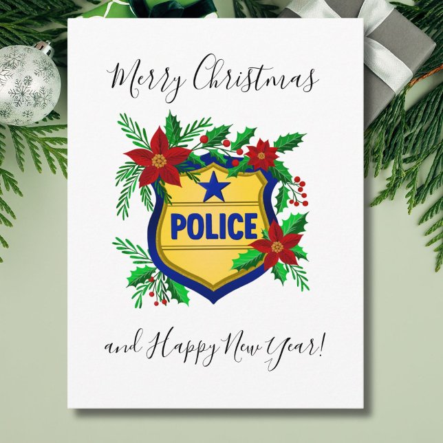 Police Merry Christmas & Happy New Year Shield Holiday Postcard (Creator Uploaded)