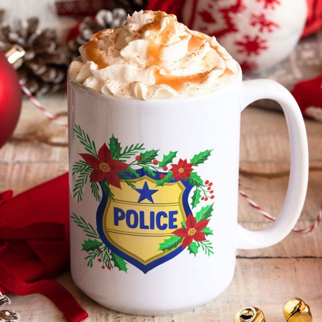 Police Merry Christmas Shield with Poinsettia  Coffee Mug (Creator Uploaded)