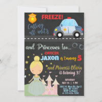 Police Officer and Princess siblings invitation.