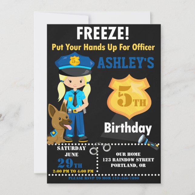 Police officer birthday invitation Girl K9 dog (Front)