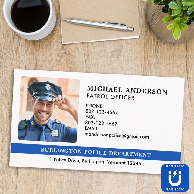 Police Officer Custom Law Enforcement Dept Photo Magnetic Business Card (Creator Uploaded)