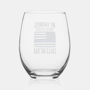 Police Officer Dad Thin Blue Line Vintage Vector D Stemless Wine Glass